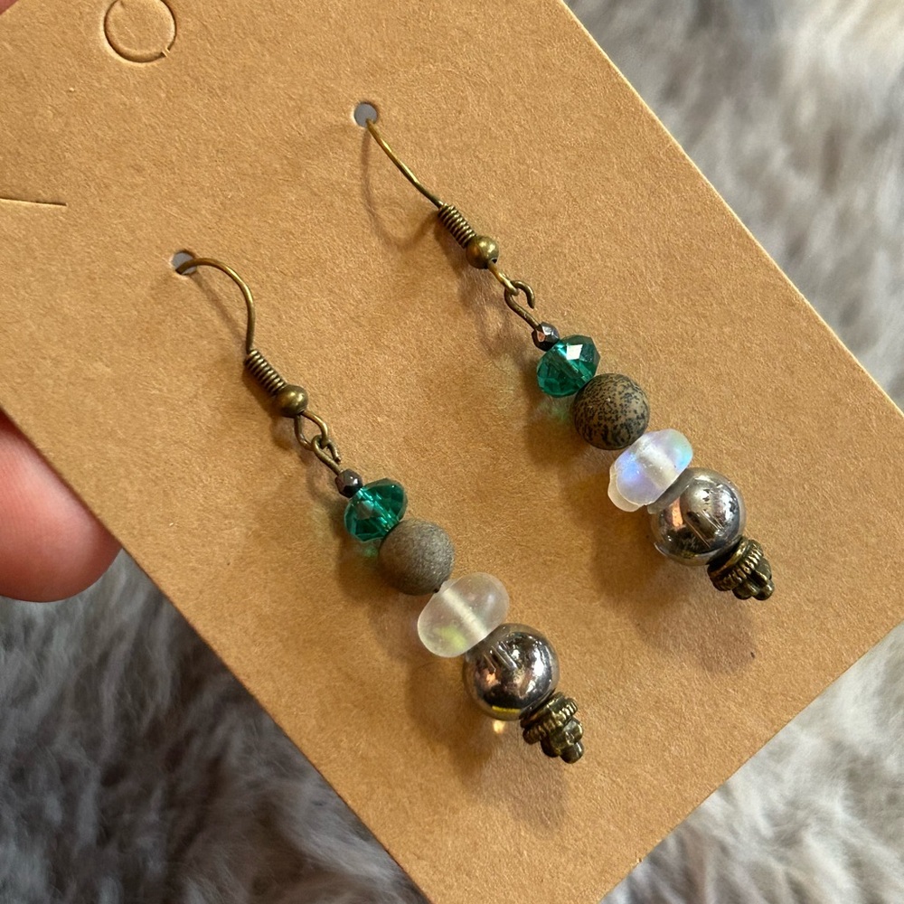 Handcrafted opalite glass vintage bead agate faceted hematite dangle earrings